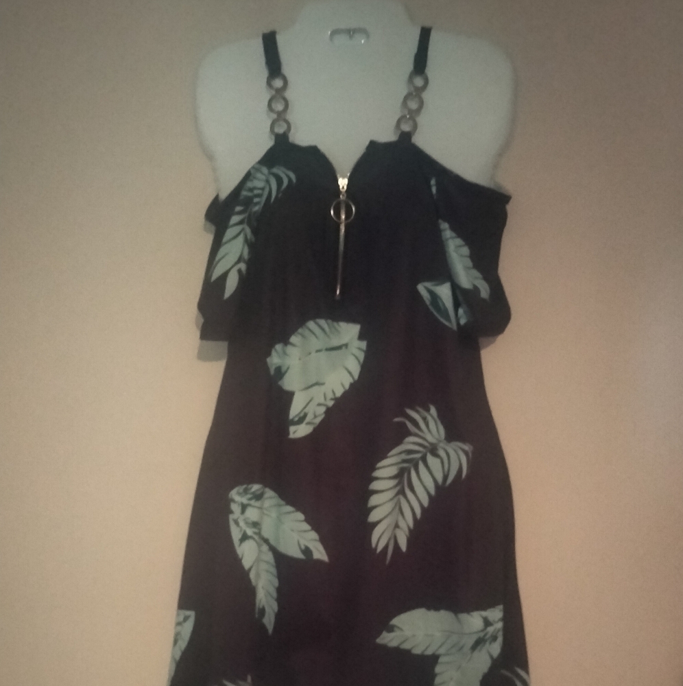 Elegant Navy Blue and Green Leaf Print Dress